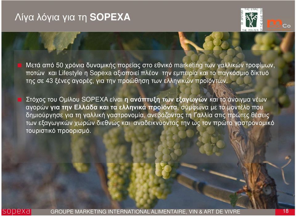 Στόχος του Οµίλου SOPEXA είναι η ανάπτυξη των εξαγωγών και το άνοιγµα νέων αγορών για την Ελλάδα και τα ελληνικά προϊόντα, σύµφωνα µε το µοντέλο που δηµιούργησε