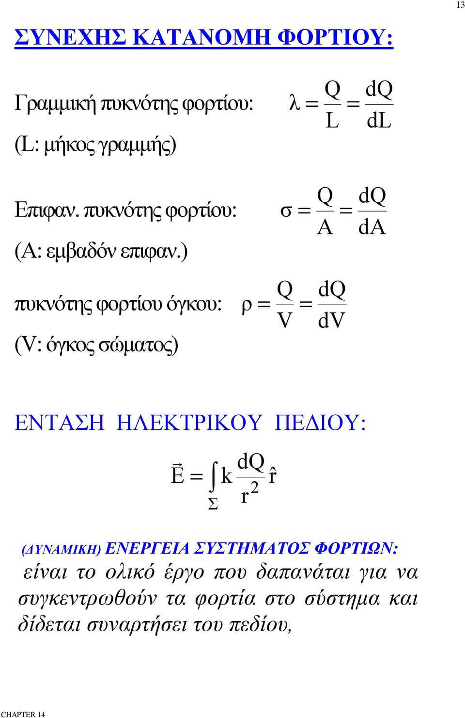 ) πυκνότης φορτίου όγκου: ρ = (V: όγκος σώματος) λ Q = = L Q σ = = A Q = V dq dv dq dl dq da ENTAΣH