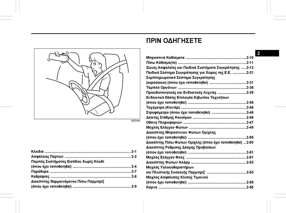 ..2-13 Παιδικό Σύστημα Συγκράτησης για Χώρες της Ε.Ε....2-21 Συμπληρωματικό Σύστημα Συγκράτησης (αερόσακοι) (όπου έχει τοποθετηθεί)...2-31 Ταμπλό Οργάνων...2-38 Προειδοποιητικές και Ενδεικτικές Λυχνίες.