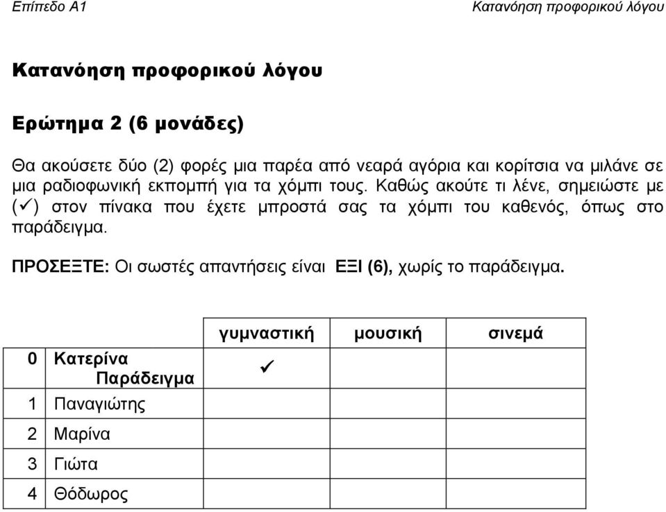 Καθώς ακούτε τι λένε, σημειώστε με () στον πίνακα που έχετε μπροστά σας τα χόμπι του καθενός, όπως στο