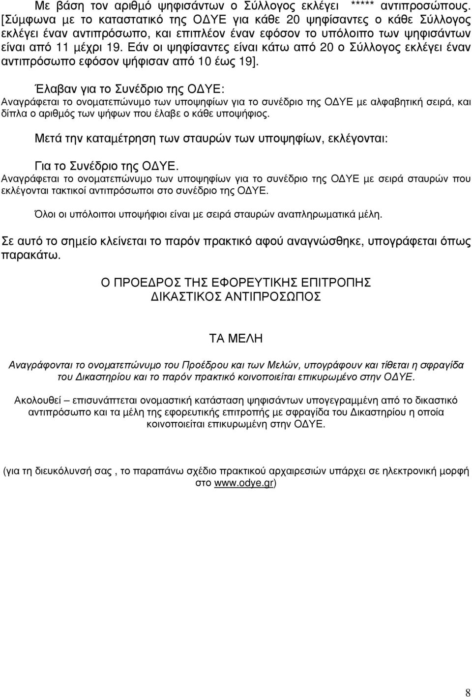 Εάν οι ψηφίσαντες είναι κάτω από 20 ο Σύλλογος εκλέγει έναν αντιπρόσωπο εφόσον ψήφισαν από 10 έως 19].