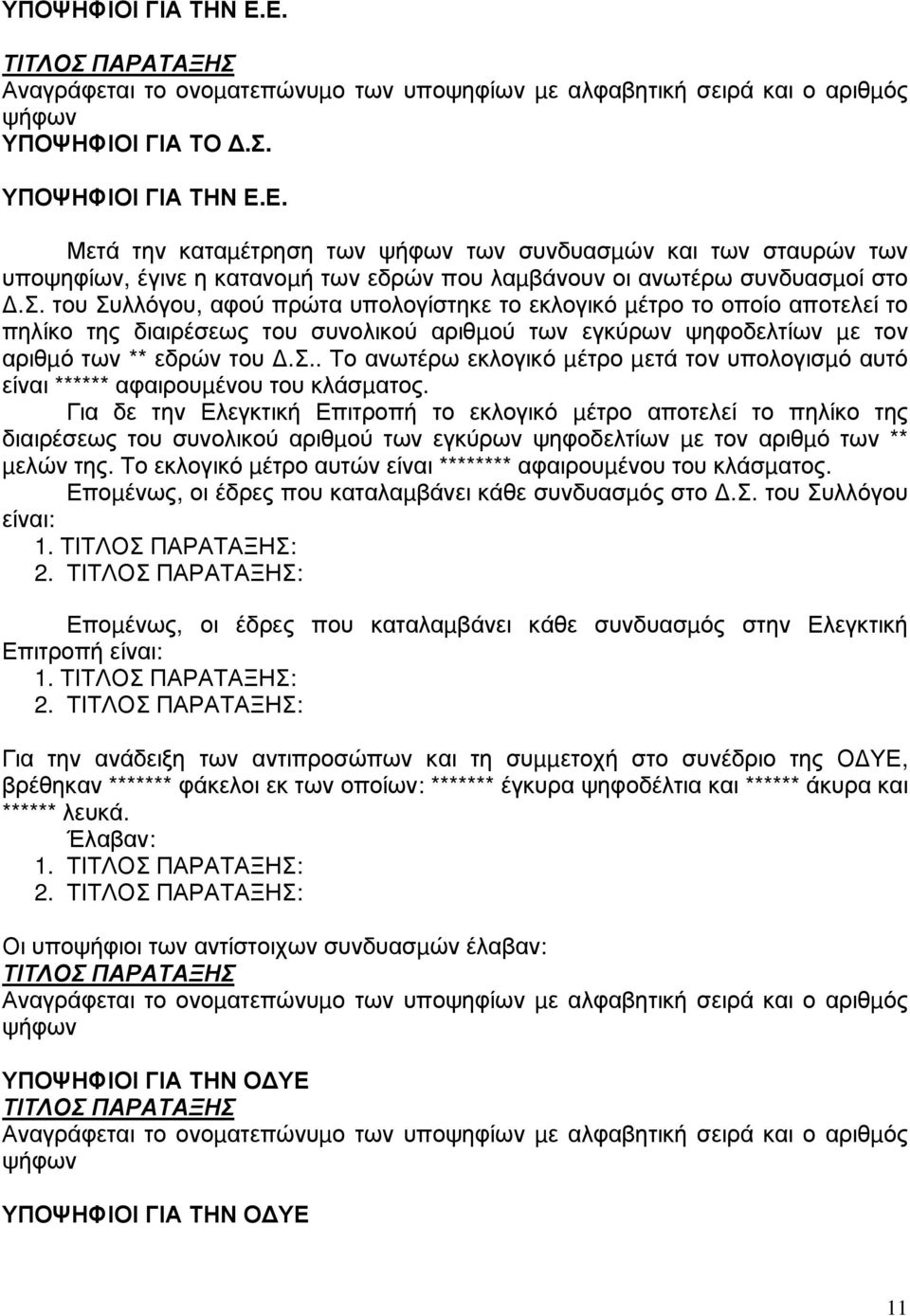 Για δε την Ελεγκτική Επιτροπή το εκλογικό µέτρο αποτελεί το πηλίκο της διαιρέσεως του συνολικού αριθµού των εγκύρων ψηφοδελτίων µε τον αριθµό των ** µελών της.