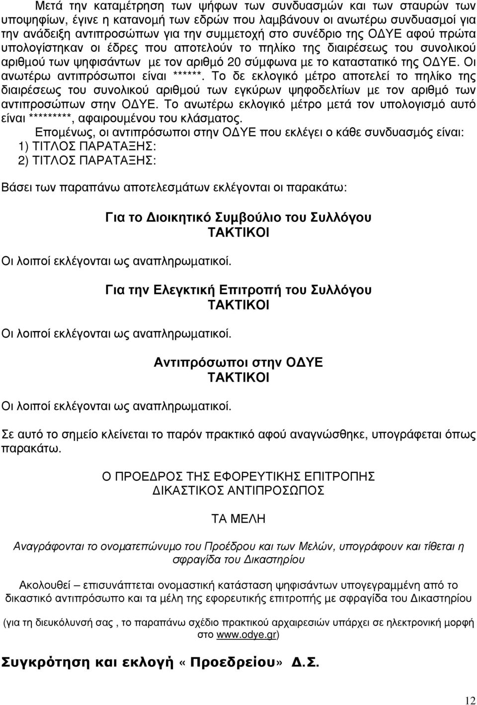 Οι ανωτέρω αντιπρόσωποι είναι ******. Το δε εκλογικό µέτρο αποτελεί το πηλίκο της διαιρέσεως του συνολικού αριθµού των εγκύρων ψηφοδελτίων µε τον αριθµό των αντιπροσώπων στην Ο ΥΕ.