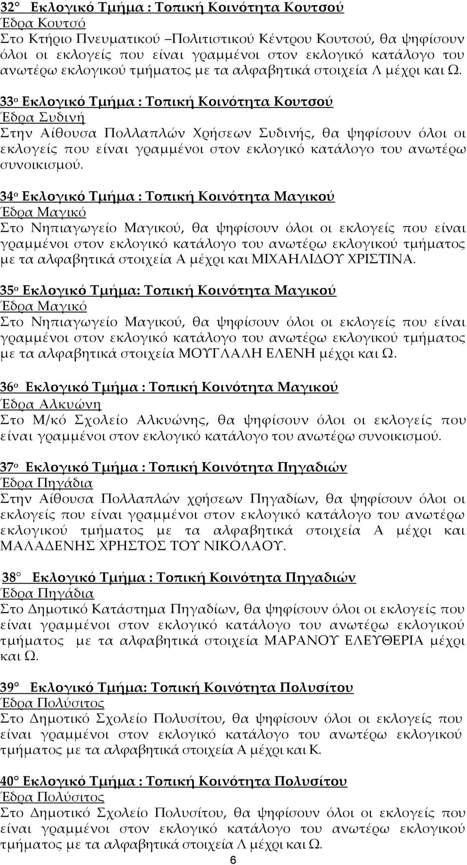 34 ο Εκλογικό Τμήμα : Τοπική Κοινότητα Μαγικού Έδρα Μαγικό Στο Νηπιαγωγείο Μαγικού, θα ψηφίσουν όλοι οι εκλογείς που είναι γραμμένοι στον εκλογικό κατάλογο του ανωτέρω εκλογικού τμήματος με τα