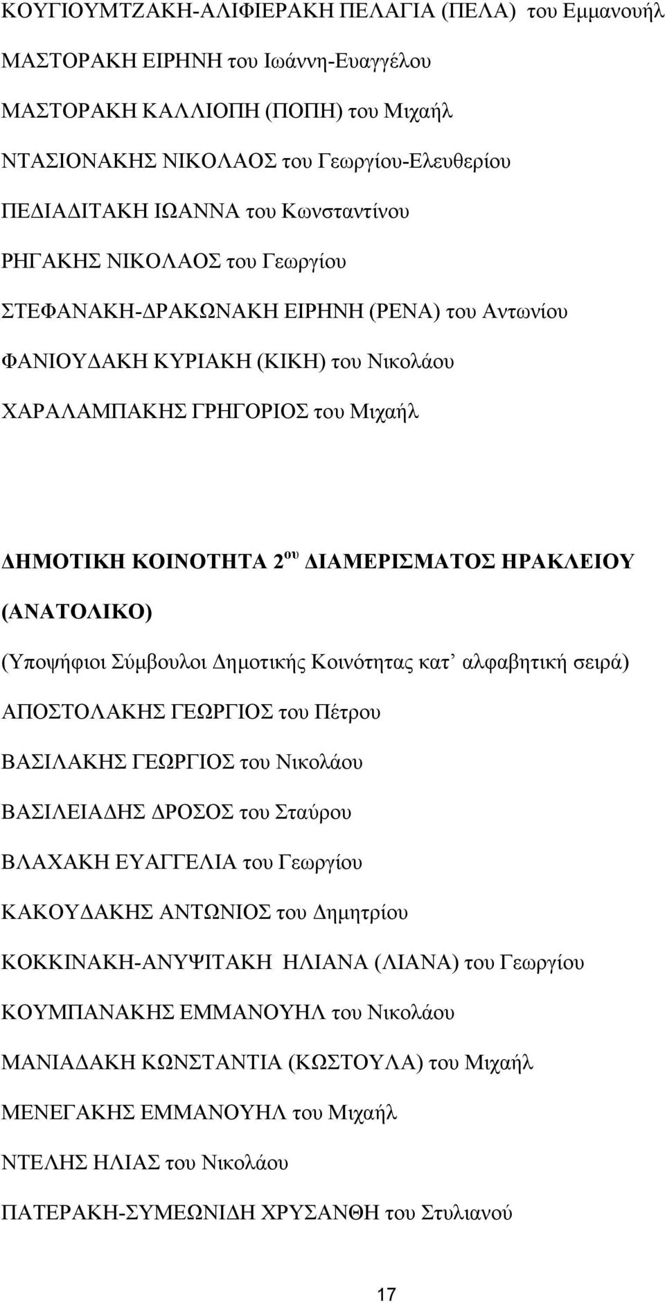 ΔΙΑΜΕΡΙΣΜΑΤΟΣ ΗΡΑΚΛΕΙΟΥ (ΑΝΑΤΟΛΙΚΟ) (Υποψήφιοι Σύμβουλοι Δημοτικής Κοινότητας κατ αλφαβητική σειρά) ΑΠΟΣΤΟΛΑΚΗΣ ΓΕΩΡΓΙΟΣ του Πέτρου ΒΑΣΙΛΑΚΗΣ ΓΕΩΡΓΙΟΣ του Νικολάου ΒΑΣΙΛΕΙΑΔΗΣ ΔΡΟΣΟΣ του Σταύρου