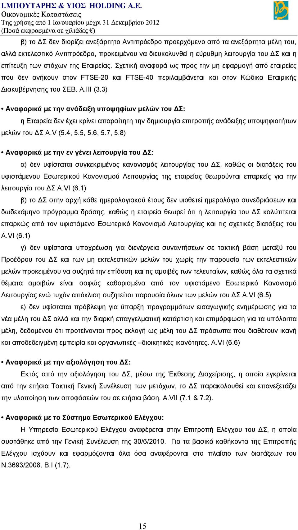 3) Αναφορικά με την ανάδειξη υποψηφίων μελών του ΔΣ: η Εταιρεία δεν έχει κρίνει απαραίτητη την δημιουργία επιτροπής ανάδειξης υποψηφιοτήτων μελών του ΔΣ Α.V (5.4, 5.5, 5.6, 5.7, 5.