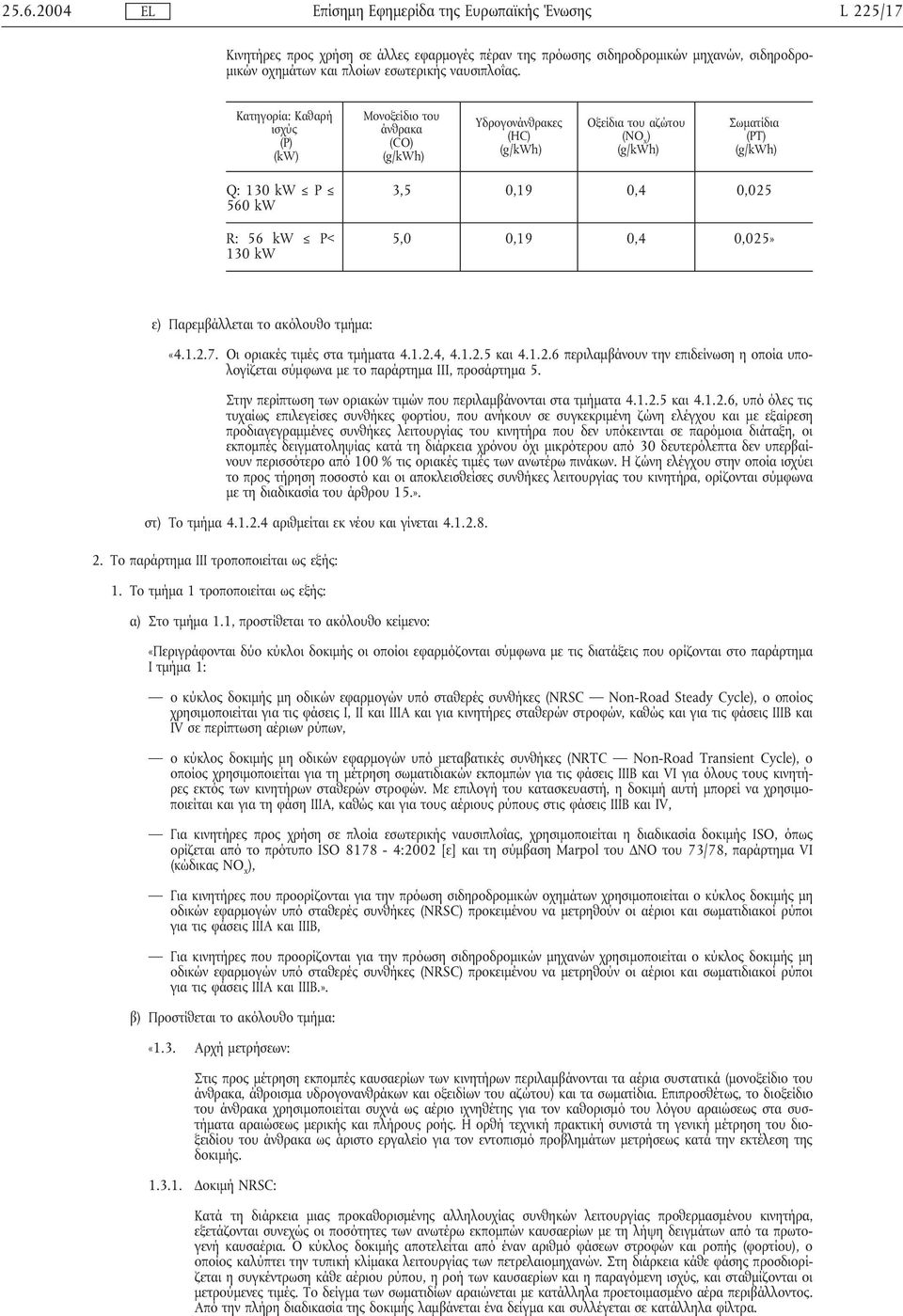 0,19 0,4 0,025 5,0 0,19 0,4 0,025» ε) Παρεµβάλλεται το ακόλουθο τµήµα: «4.1.2.7. Οι οριακές τιµές στα τµήµατα 4.1.2.4, 4.1.2.5 και 4.1.2.6 περιλαµβάνουν την επιδείνωση η οποία υπολογίζεται σύµφωνα µε το παράρτηµα III, προσάρτηµα 5.