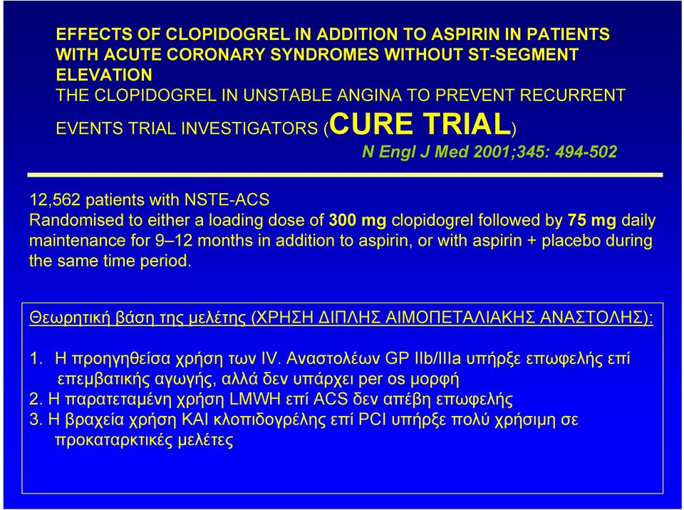 aspirin, or with aspirin + placebo during the same time period. Θεωρητική βάση της μελέτης(χρηση ΔΙΠΛΗΣ ΑΙΜΟΠΕΤΑΛΙΑΚΗΣ ΑΝΑΣΤΟΛΗΣ): 1. Η προηγηθείσα χρήση των IV.