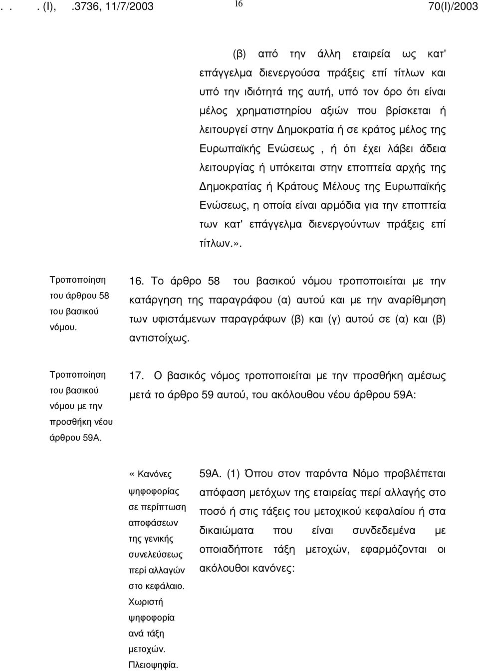 εποπτεία των κατ' επάγγελμα διενεργούντων πράξεις επί τίτλων.». του άρθρου 58 νόμου. 16.