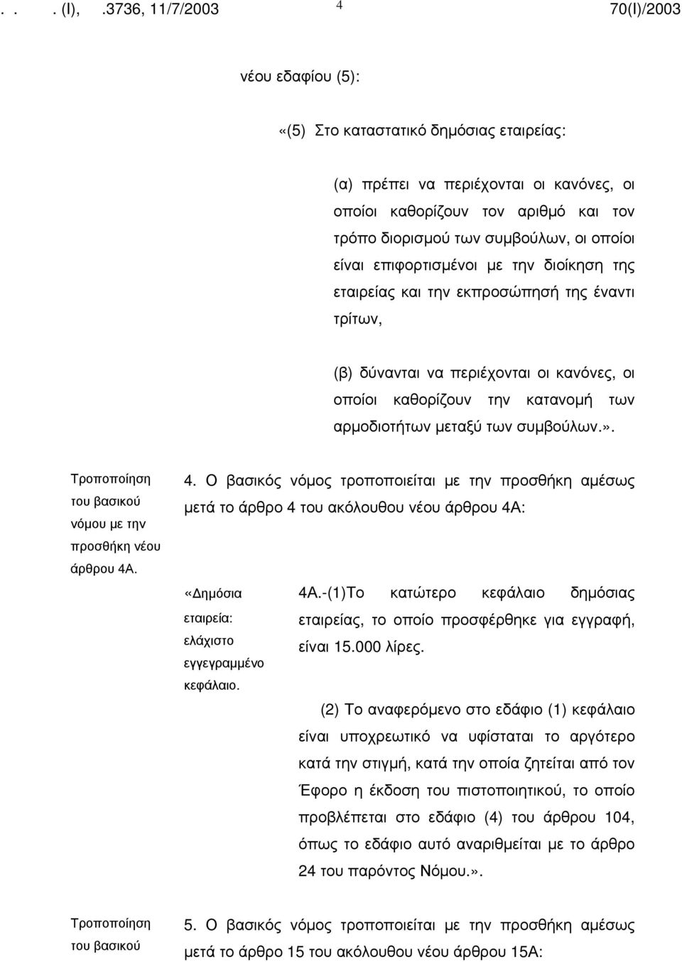 νόμου με την προσθήκη νέου άρθρου 4Α. 4. Ο βασικός νόμος τροποποιείται με την προσθήκη αμέσως μετά το άρθρο 4 του ακόλουθου νέου άρθρου 4Α: «ημόσια 4Α.