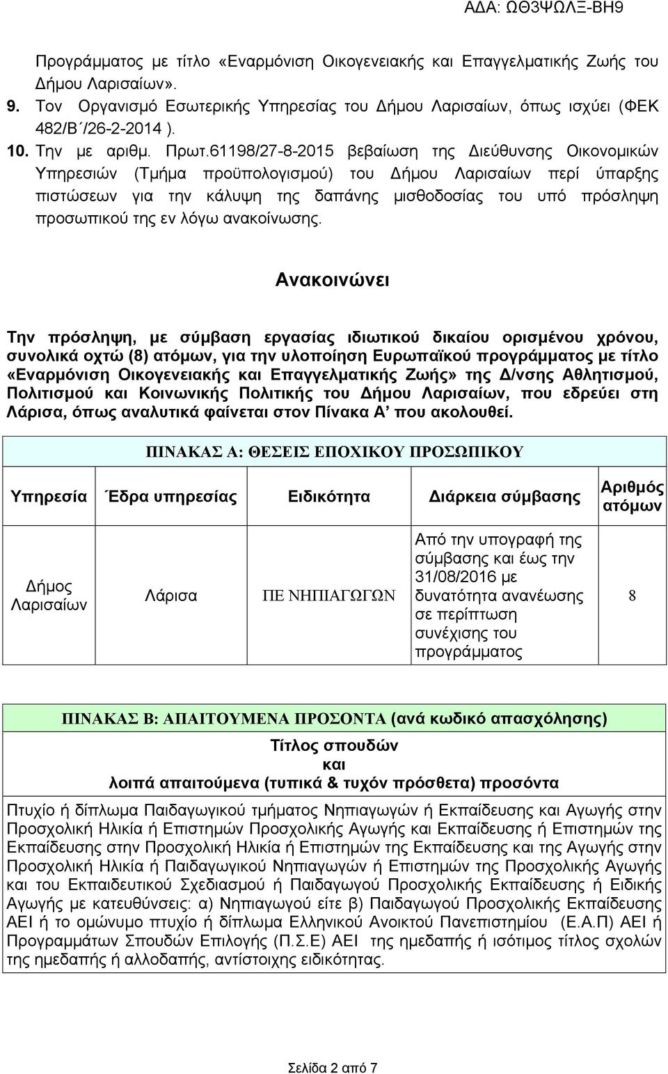 61198/27-8-2015 βεβαίωση της ιεύθυνσης Οικονοµικών Υπηρεσιών (Τµήµα προϋπολογισµού) του ήµου Λαρισαίων περί ύπαρξης πιστώσεων για την κάλυψη της δαπάνης µισθοδοσίας του υπό πρόσληψη προσωπικού της εν