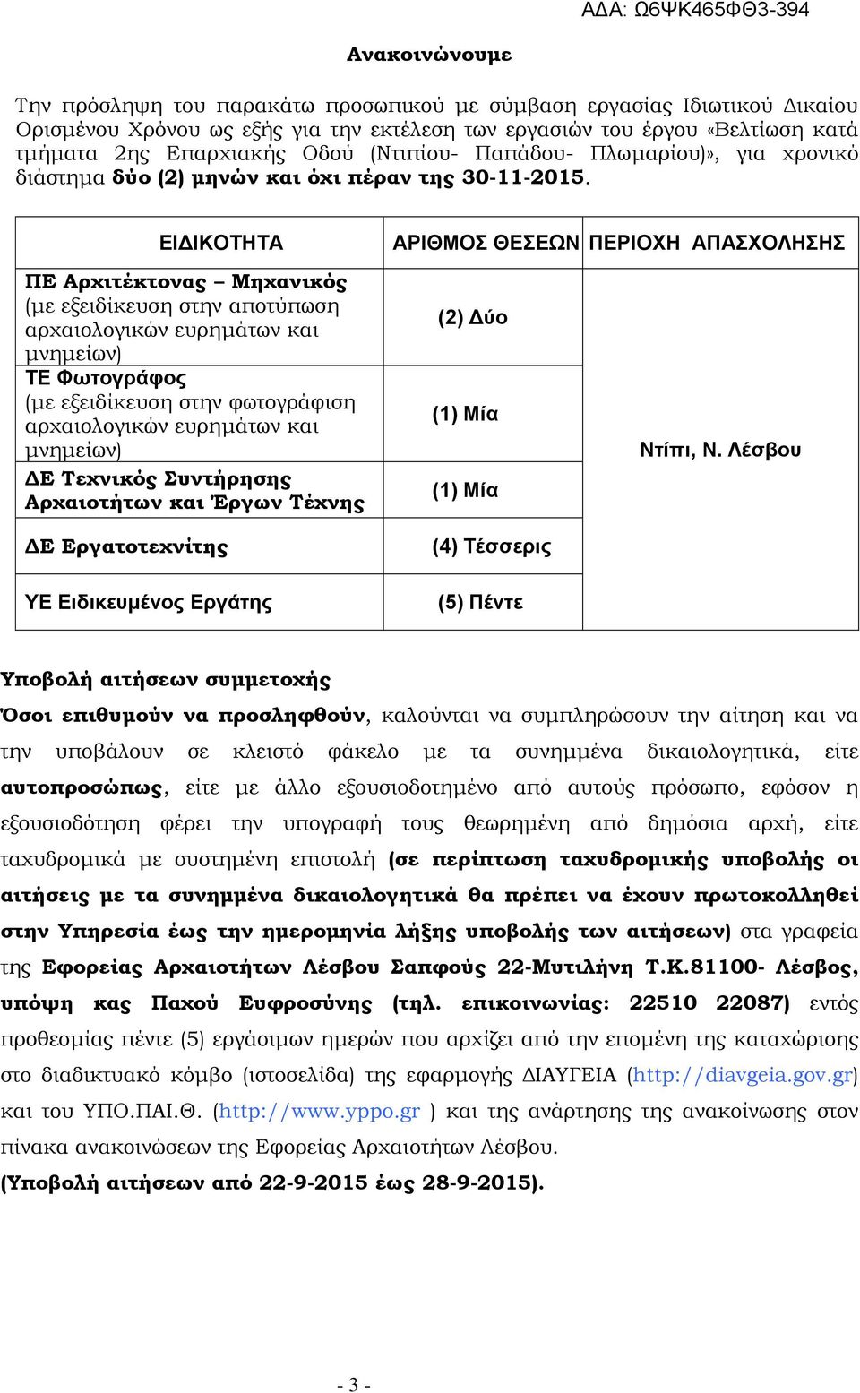 ΔΙΓΙΚΟΣΗΣΑ ΠΕ Αρχιτέκτονας Μηχανικός (με εξειδίκευση στην αποτύπωση αρχαιολογικών ευρημάτων και μνημείων) ΣΔ Φωηνγξάθνο (με εξειδίκευση στην φωτογράφιση αρχαιολογικών ευρημάτων και μνημείων) ΔΕ