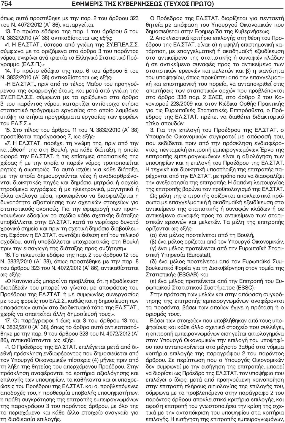 Σ.Π.).» 14. Το πρώτο εδάφιο της παρ. 6 του άρθρου 5 του N. 3832/2010 (Α 38) αντικαθίσταται ως εξής: «Η ΕΛ.ΣΤΑΤ.