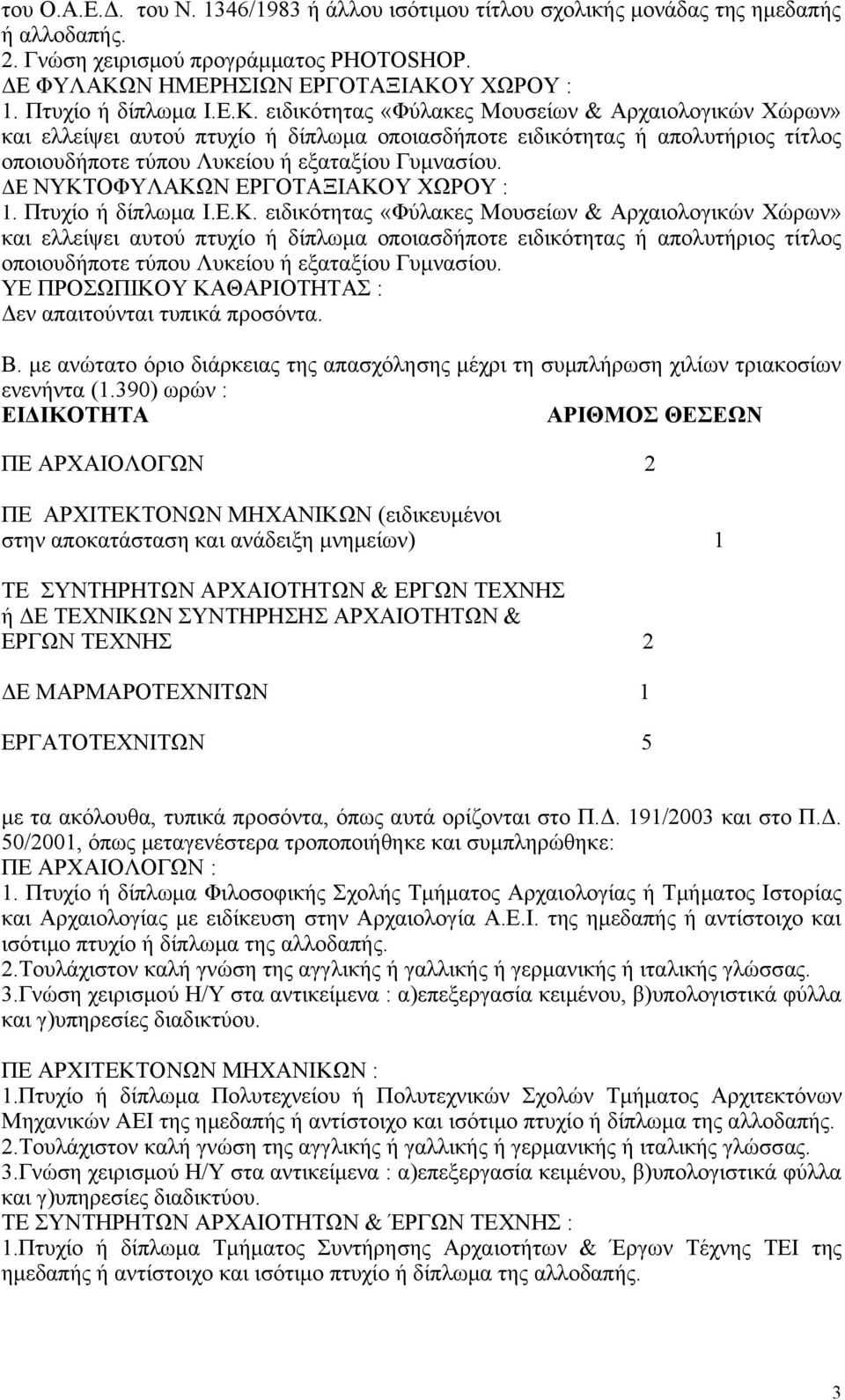 ειδικότητας «Φύλακες Μουσείων & Αρχαιολογικών Χώρων» και ελλείψει αυτού πτυχίο ή δίπλωμα οποιασδήποτε ειδικότητας ή απολυτήριος τίτλος οποιουδήποτε τύπου Λυκείου ή εξαταξίου Γυμνασίου.