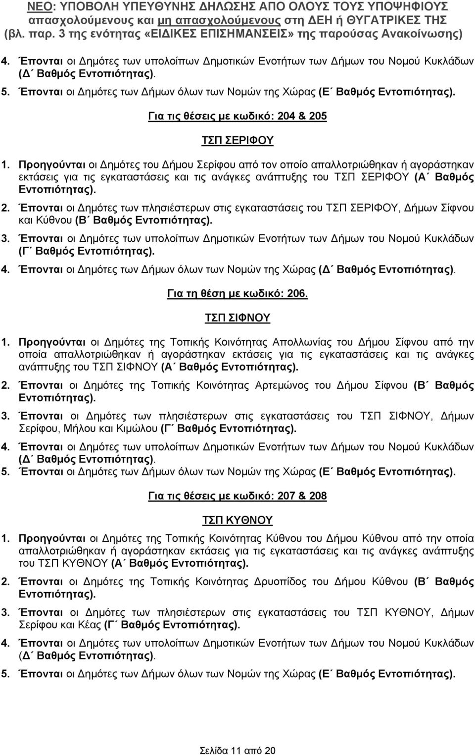 Προηγούνται οι Δημότες του Δήμου Σερίφου από τον οποίο απαλλοτριώθηκαν ή αγοράστηκαν εκτάσεις για τις εγκαταστάσεις και τις ανάγκες ανάπτυξης του ΤΣΠ ΣΕΡΙΦΟΥ (Α Βαθμός Εντοπιότητας). 2.