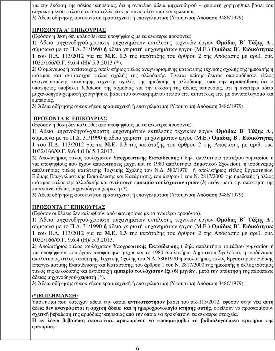 . 31/1990 ή άδεια χειριστή µηχανηµάτων έργου (Μ.Ε.) Οµάδας Β, Ειδικότητας 1 του Π.. 113/2012 για τα Μ.Ε. 1.3 της κατάταξης του άρθρου 2 της Απόφασης µε αριθ. οικ. 1032/166/Φ.Γ. 9.6.4 (Η)/ 5.3.2013 (*).