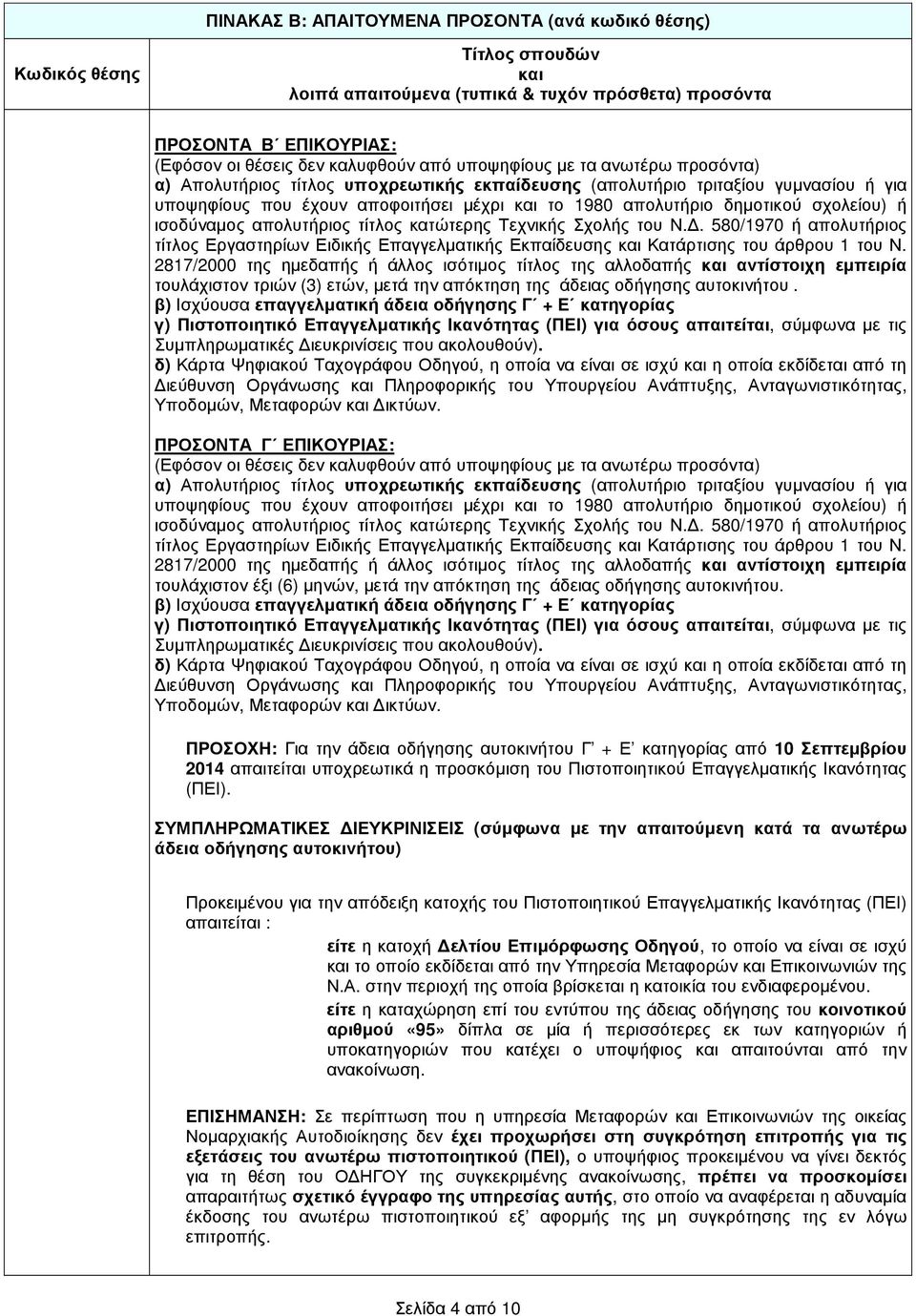 . 580/1970 ή απολυτήριος τίτλος Εργαστηρίων Ειδικής Επαγγελµατικής Εκπαίδευσης και Κατάρτισης του άρθρου 1 του Ν.