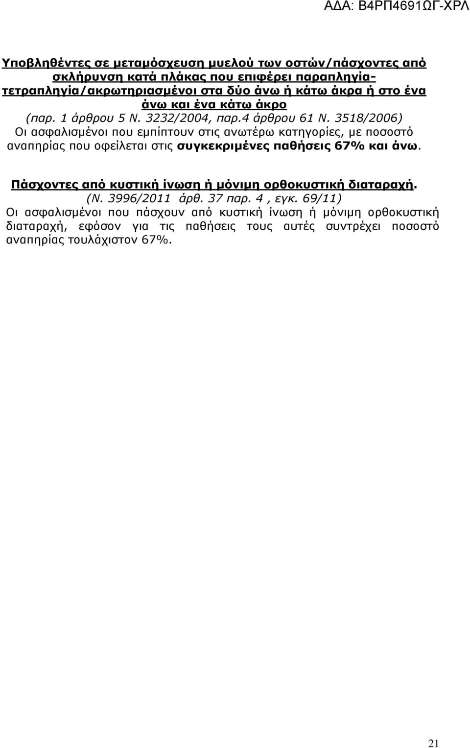 3518/2006) Οι ασφαλισμένοι που εμπίπτουν στις ανωτέρω κατηγορίες, με ποσοστό αναπηρίας που οφείλεται στις συγκεκριμένες παθήσεις 67% και άνω.