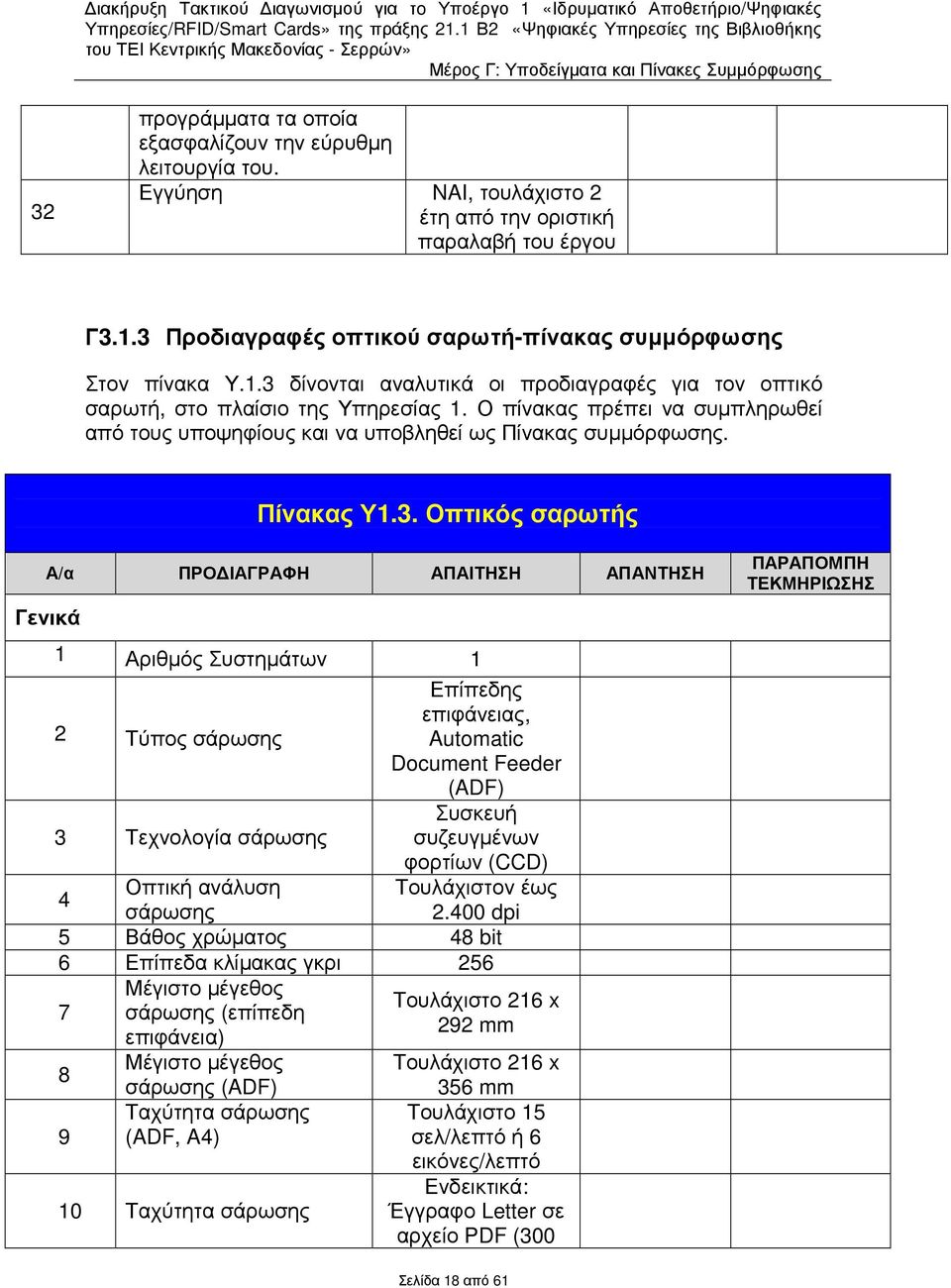 Ο πίνακας πρέπει να συµπληρωθεί από τους υποψηφίους και να υποβληθεί ως Πίνακας συµµόρφωσης. Πίνακας Υ1.3.
