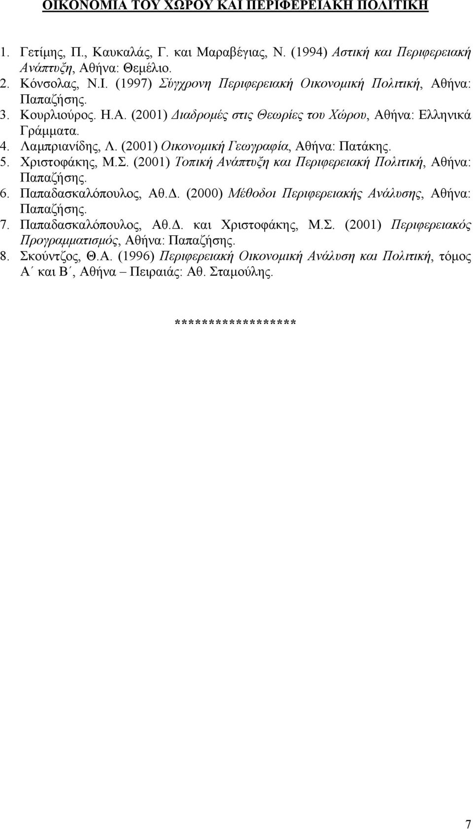 (2001) Τοπική Ανάπτυξη και Περιφερειακή Πολιτική, Αθήνα: 6. Παπαδασκαλόπουλος, Αθ.. (2000) Μέθοδοι Περιφερειακής Ανάλυσης, Αθήνα: 7. Παπαδασκαλόπουλος, Αθ.. και Χριστοφάκης, Μ.Σ.