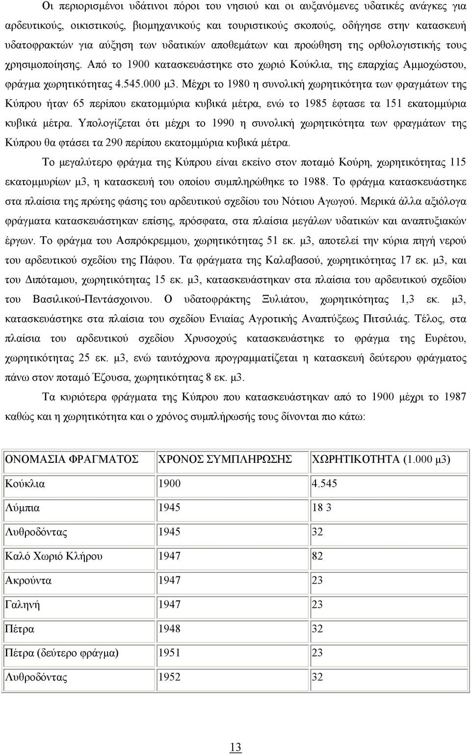 Μέχρι το 1980 η συνολική χωρητικότητα των φραγµάτων της Κύπρου ήταν 65 περίπου εκατοµµύρια κυβικά µέτρα, ενώ το 1985 έφτασε τα 151 εκατοµµύρια κυβικά µέτρα.