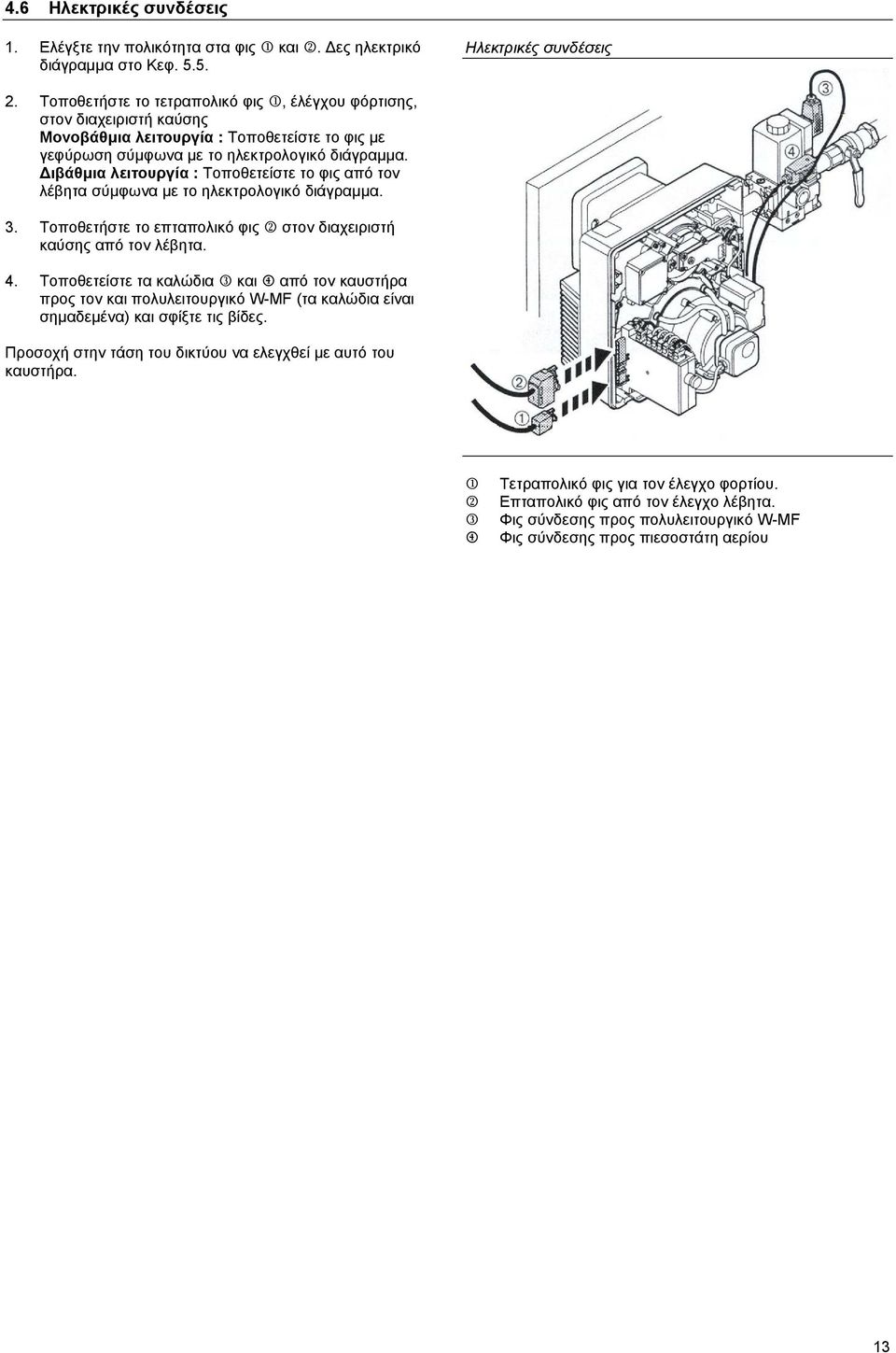 ιβάθµια λειτουργία : Τοποθετείστε το φις από τον λέβητα σύµφωνα µε το ηλεκτρολογικό διάγραµµα. 3. Τοποθετήστε το επταπολικό φις 2 στον διαχειριστή καύσης από τον λέβητα. 4.