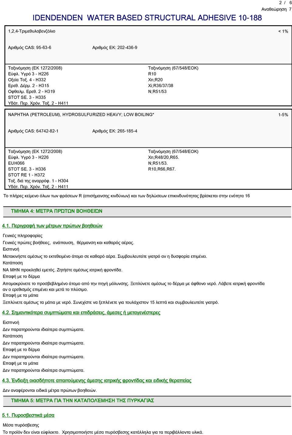 2 - H411 Ταξινόμηση (7548ΕOΚ) R10 Xn;R20 Xi;R33738 N;R5153 NAPHTHA (PETROLEUM), HYDROSULFURIZED HEAVY; LOW BOILING* 1-5% Αριθμός CAS: 4742-82-1 Aριθμός ΕΚ: 25-185-4 Ταξινόμηση (ΕΚ 12722008) Εύφλ.