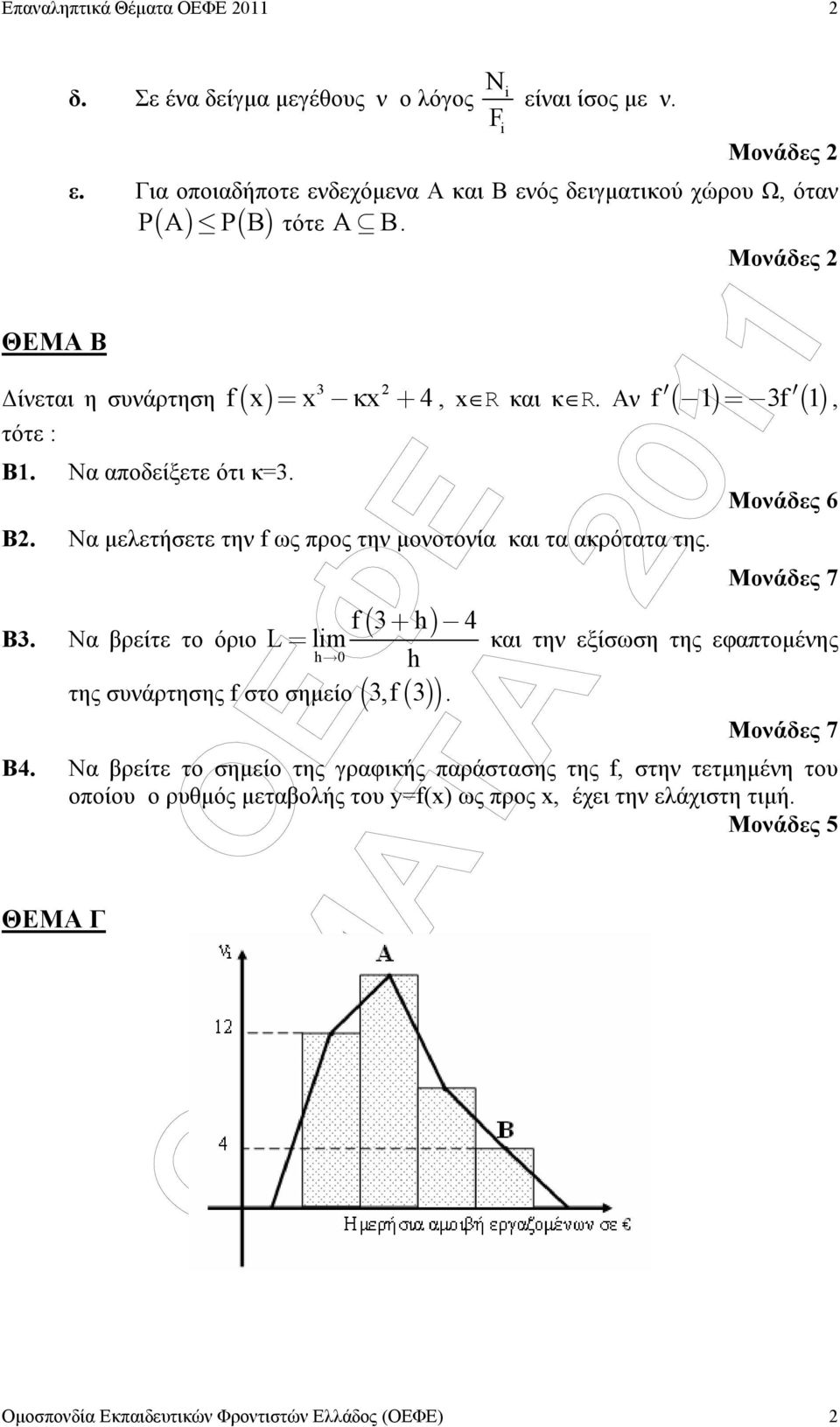 Να αποδείξετε ότι κ=. Β. Nα µελετήσετε την f ως προς την µονοτονία και τα ακρότατα της. Β. Να βρείτε το όριο ( ) =, Μονάδες 7 f + h 4 L= lm και την εξίσωση της εφαπτοµένης h 0 h,f.