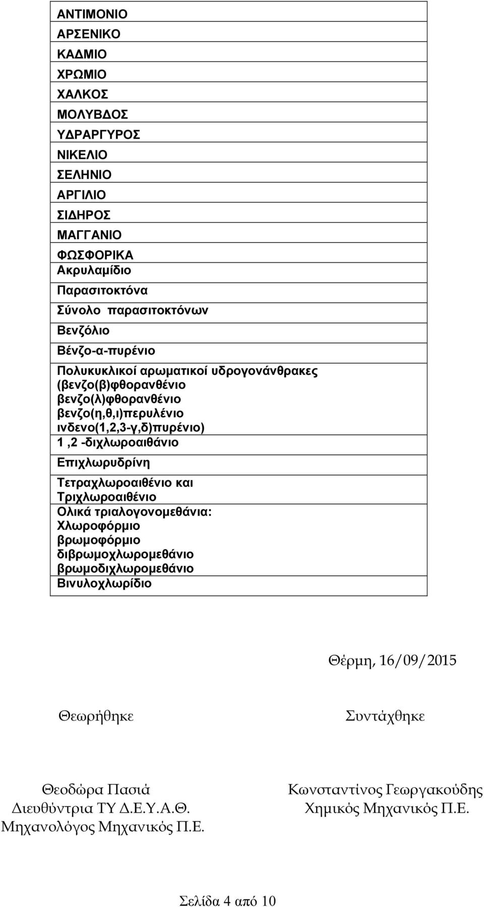 -διχλωροαιθάνιο Επιχλωρυδρίνη Τετραχλωροαιθένιο και Τριχλωροαιθένιο Ολικά τριαλογονοµεθάνια: Χλωροφόρµιο βρωµοφόρµιο διβρωµοχλωροµεθάνιο βρωµοδιχλωροµεθάνιο