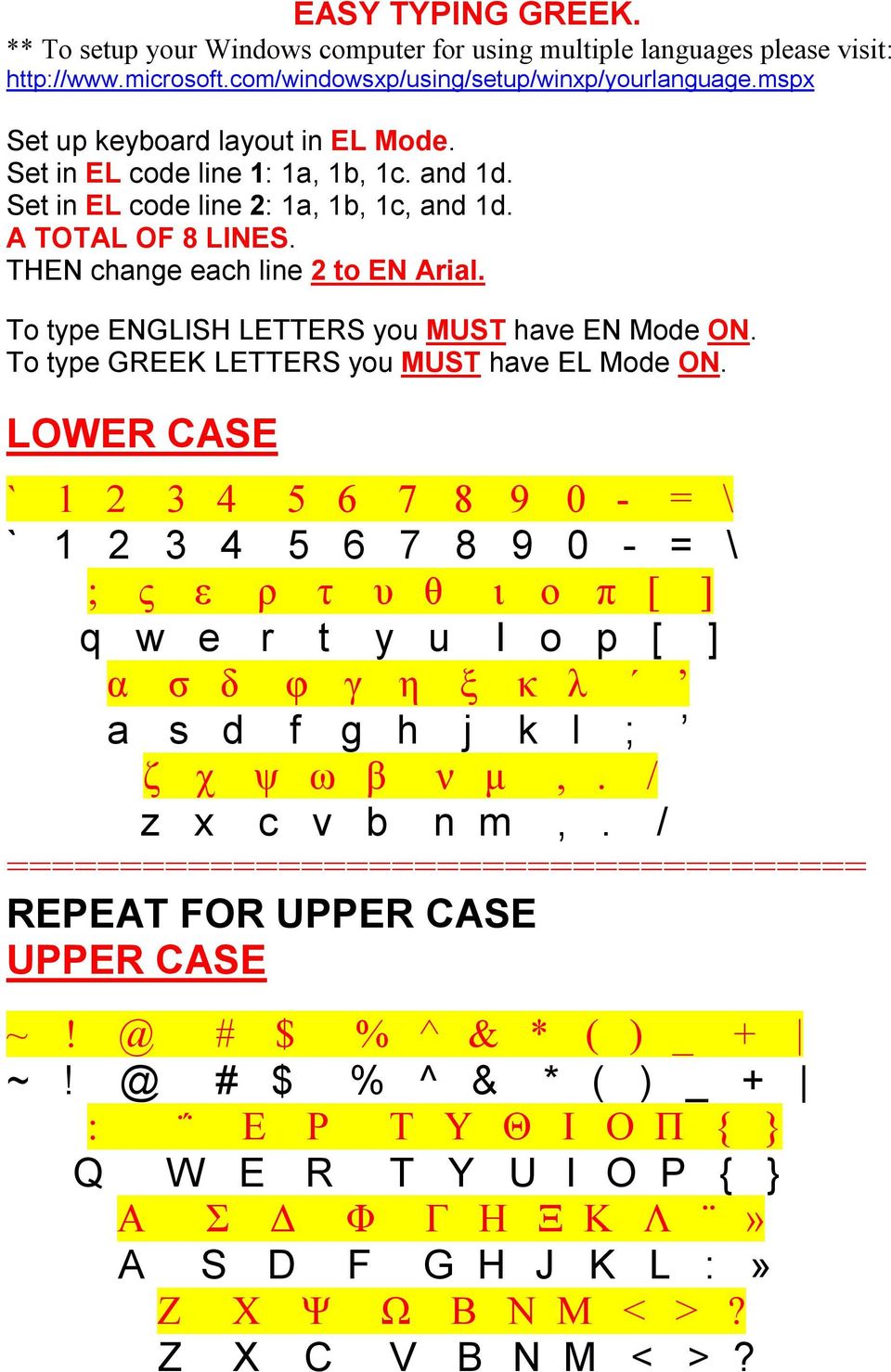 To type ENGLISH LETTERS you MUST have EN Mode ON. To type GREEK LETTERS you MUST have EL Mode ON.