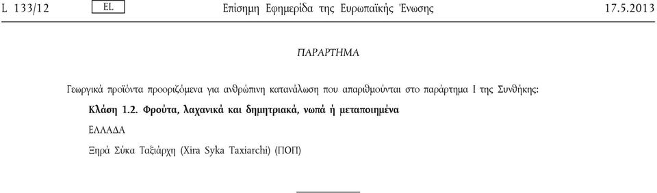 που απαριθμούνται στο παράρτημα I της Συνθήκης: Κλάση 1.2.