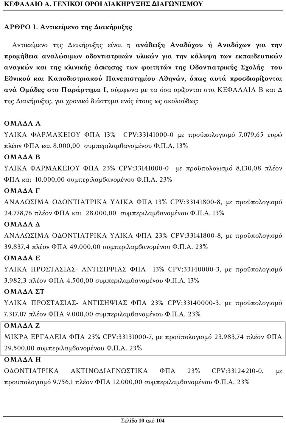 άσκησης των φοιτητών της Οδοντιατρικής Σχολής του Εθνικού και Καποδιστριακού Πανεπιστημίου Αθηνών, όπως αυτά προσδιορίζονται ανά Ομάδες στο Παράρτημα Ι, σύμφωνα με τα όσα ορίζονται στα ΚΕΦΑΛΑΙΑ Β και