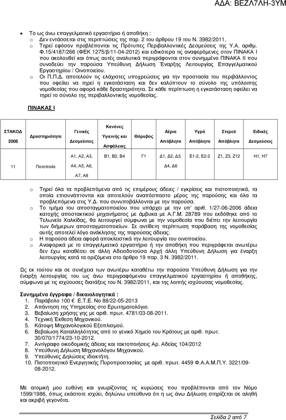 15/4187/266 (ΦΕΚ 1275/β/11-04-2012) και ειδικότερα τις αναφερόµενες στον ΠΙΝΑΚΑ Ι που ακολουθεί και όπως αυτές αναλυτικά περιγράφονται στον συνηµµένο ΠΙΝΑΚΑ ΙΙ που συνοδεύει την παρούσα Υπεύθυνη