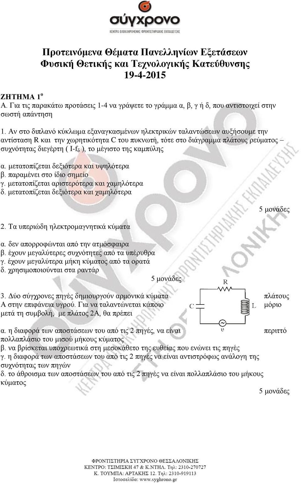 Αλ ζην δηπιαλό θύθισκα εμαλαγθαζκέλσλ ειεθηξηθώλ ηαιαληώζεσλ απμήζνπκε ηελ αληίζηαζε R θαη ηελ ρσξεηηθόηεηα C ηνπ ππθλσηή, ηόηε ζην δηάγξακκα πιάηνπο ξεύκαηνο ζπρλόηεηαο δηεγέξηε ( Ι-f δ ), ην