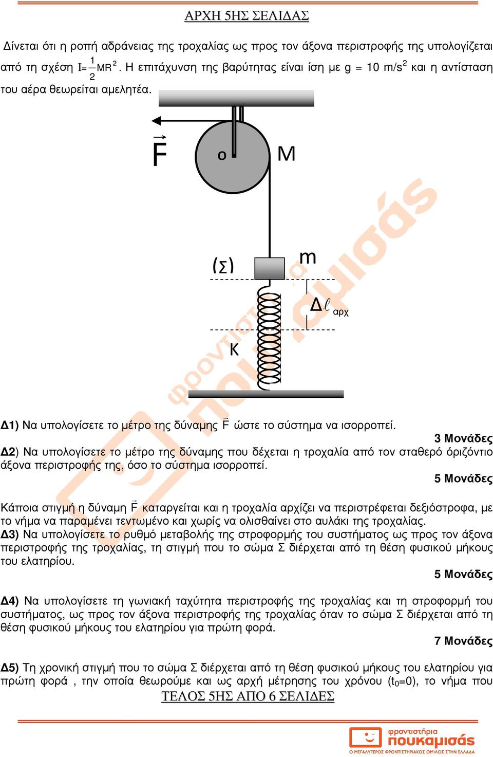 3 Μονάδες ) Να υπολογίσετε το µέτρο της δύναµης που δέχεται η τροχαλία από τον σταθερό όριζόντιο άξονα περιστροφής της, όσο το σύστηµα ισορροπεί.