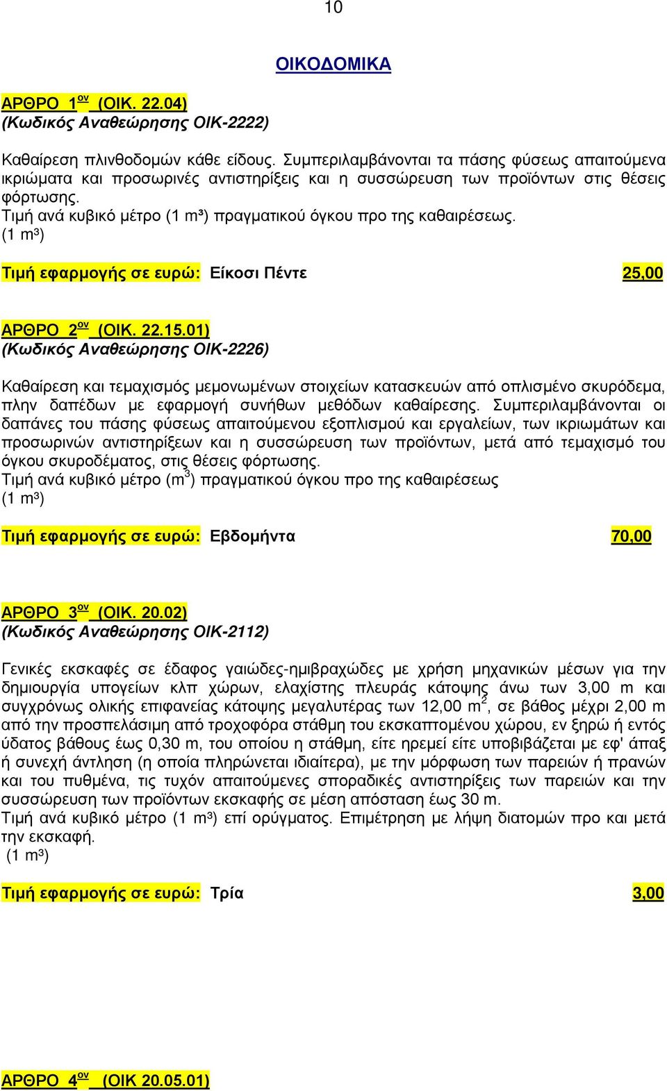 Τιμή ανά κυβικό μέτρο (1 m³) πραγματικού όγκου προ της καθαιρέσεως. (1 m³) Τιμή εφαρμογής σε ευρώ: Είκοσι Πέντε 25,00 ΑΡΘΡΟ 2 ον (ΟΙΚ. 22.15.