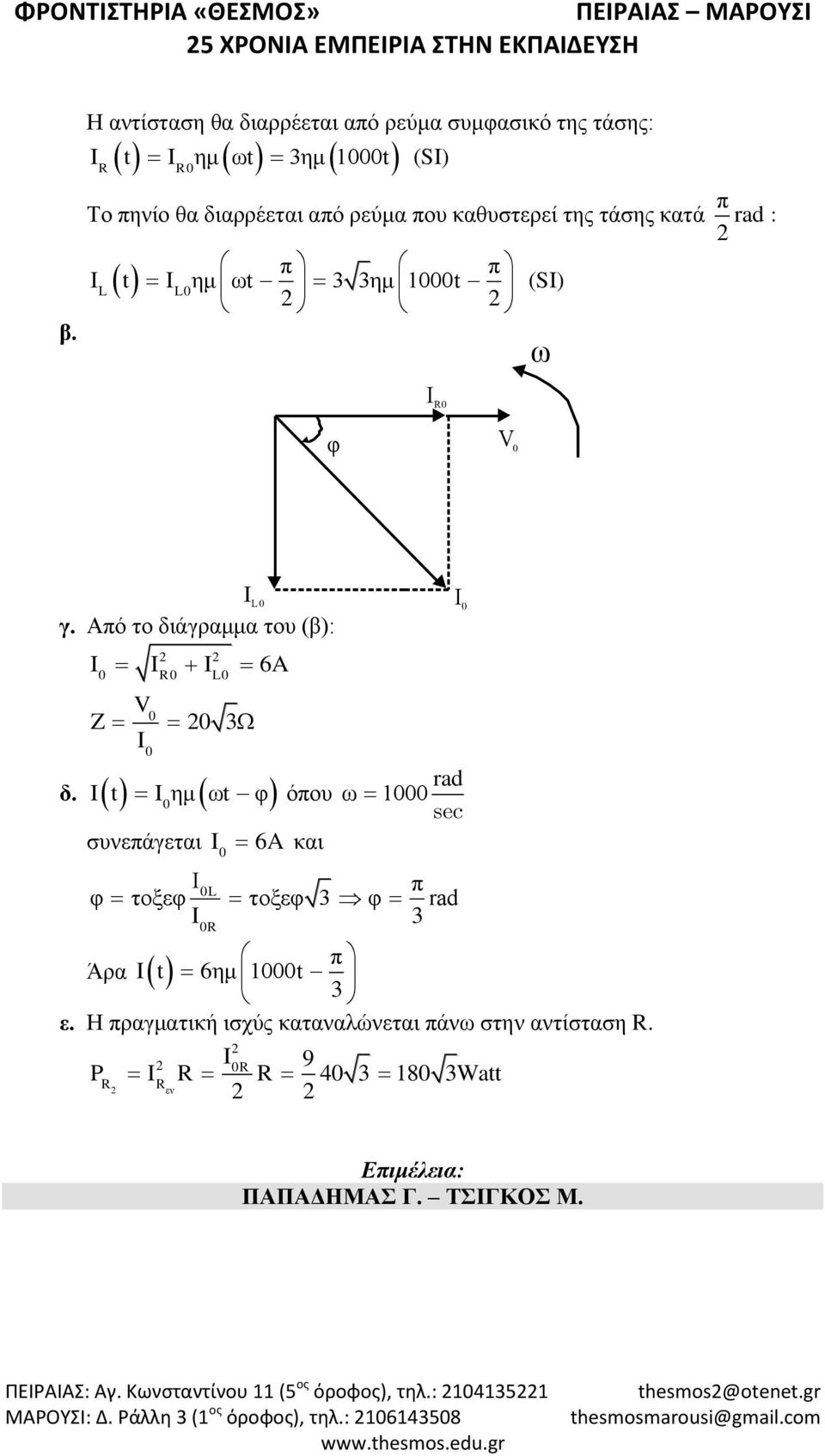 Από το διάγραμμα του (β): 6A 0 0 L0 Z 0 0 0 3Ω δ. t ημ 0 ωt φ όπου συνεπάγεται 0 6A και rad ω 1000 sec π 3 0L φ τοξεφ τοξεφ 3 φ rad 0 π Άρα t 6ημ 1000t 3 ε.