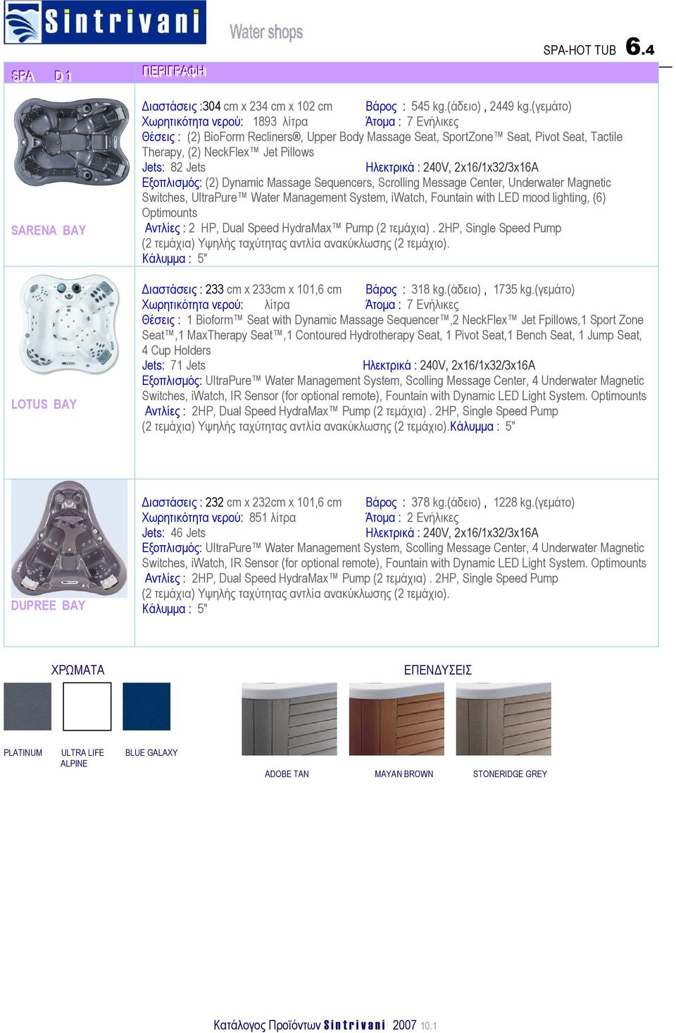 Ηλεκτρικά : 240V, 2x16/1x32/3x16A Εξοπλισµός: (2) Dynamic Massage Sequencers, Scrolling Message Center, Underwater Magnetic Switches, UltraPure Water Management System, iwatch, Fountain with LED mood