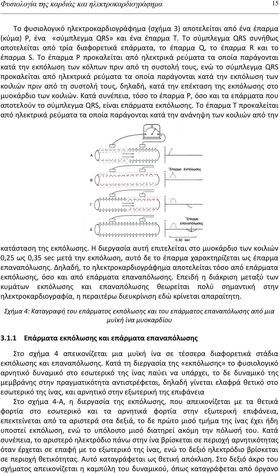 Σο ζπαρμα Ρ προκαλείται από θλεκτρικά ρεφματα τα οποία παράγονται κατά τθν εκπόλωςθ των κόλπων πριν από τθ ςυςτολι τουσ, ενϊ το ςφμπλεγμα QRS προκαλείται από θλεκτρικά ρεφματα τα οποία παράγονται