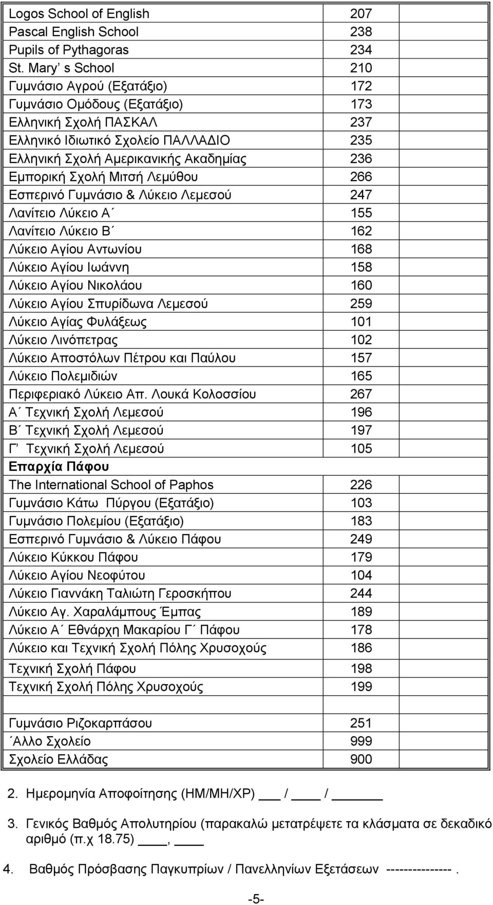 Σχολή Μιτσή Λεμύθου 266 Εσπερινό Γυμνάσιο & Λύκειο Λεμεσού 247 Λανίτειο Λύκειο Α 155 Λανίτειο Λύκειο Β 162 Λύκειο Αγίου Αντωνίου 168 Λύκειο Αγίου Ιωάννη 158 Λύκειο Αγίου Νικολάου 160 Λύκειο Αγίου