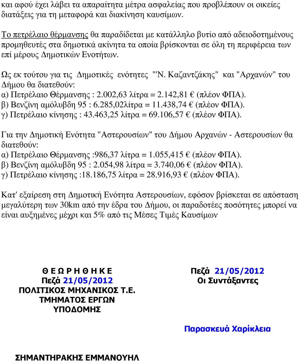 Ως εκ τούτου για τις ηµοτικές ενότητες "'Ν. Καζαντζάκης" και "Αρχανών" του ήµου θα διατεθούν: α) Πετρέλαιο Θέρµανσης : 2.002,63 λίτρα = 2.142,81 (πλέον ΦΠΑ). β) Βενζίνη αµόλυβδη 95 : 6.