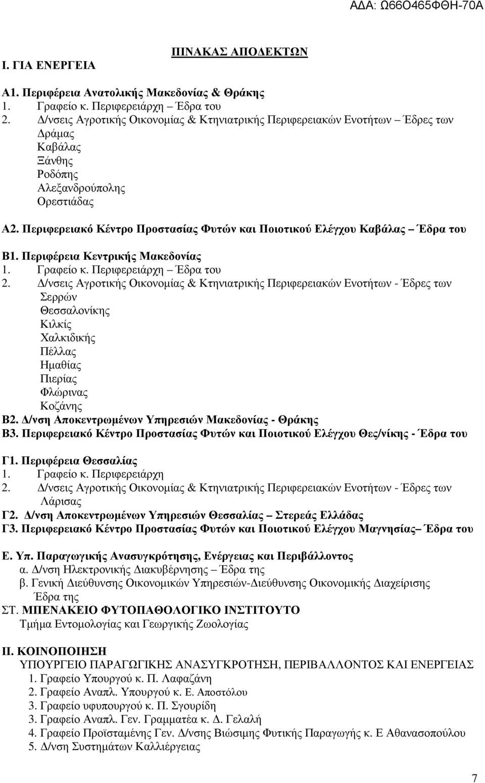 Περιφερειακό Κέντρο Προστασίας Φυτών και Ποιοτικού Ελέγχου Καβάλας Έδρα του Β1. Περιφέρεια Κεντρικής Μακεδονίας 1. Γραφείο κ. Περιφερειάρχη Έδρα του 2.