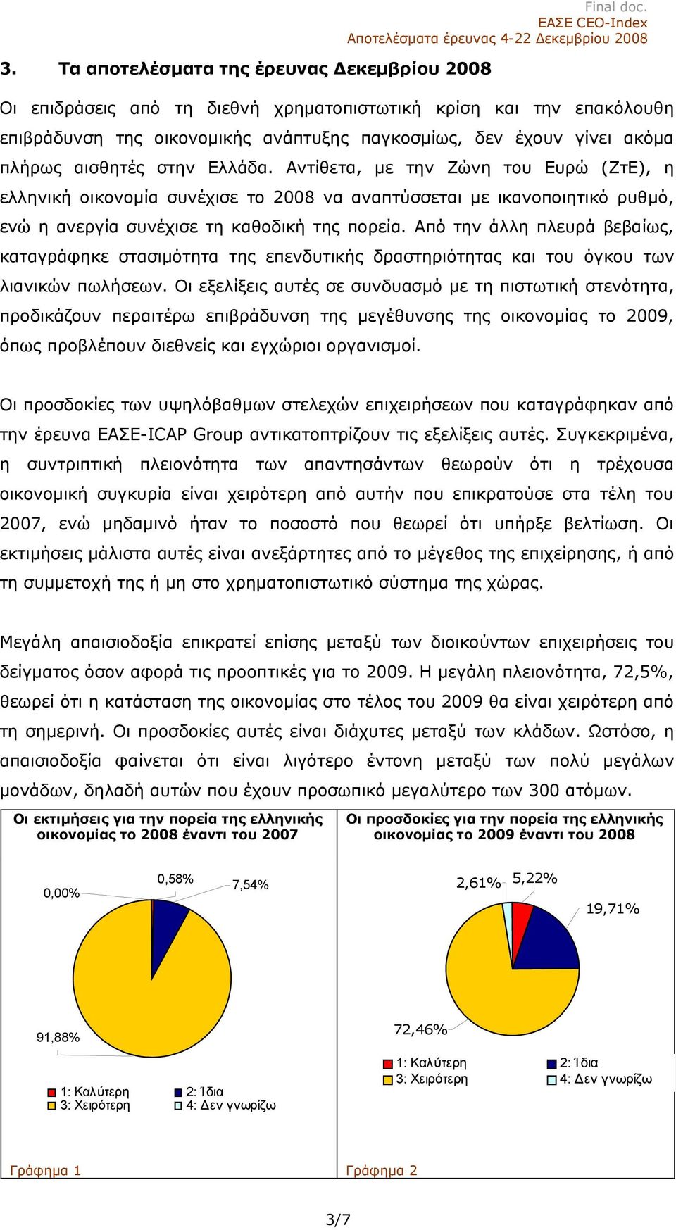 Αντίθετα, με την Ζώνη του Ευρώ (ΖτΕ), η ελληνική οικονομία συνέχισε το 2008 να αναπτύσσεται με ικανοποιητικό ρυθμό, ενώ η ανεργία συνέχισε τη καθοδική της πορεία.