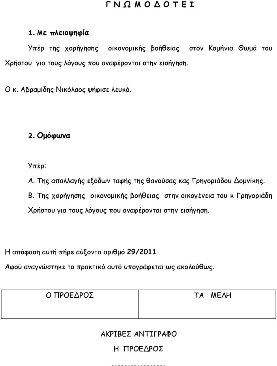 Αβραµίδης Νικόλαος ψήφισε λευκό. 2. Oµόφωνα Υπέρ: Α. Της απαλλαγής εξόδων ταφής της θανούσας κας Γρηγοριάδου οµνίκης. Β.