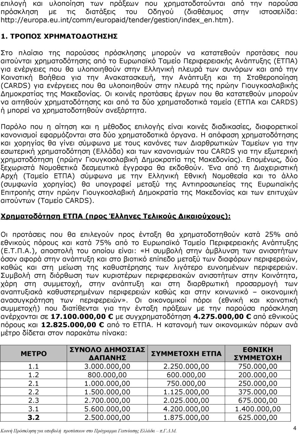 ΤΡΟΠΟΣ ΧΡΗΜΑΤΟΔΟΤΗΣΗΣ Στο πλαίσιο της παρούσας πρόσκλησης μπορούν να κατατεθούν προτάσεις που αιτούνται χρηματοδότησης από το Ευρωπαϊκό Ταμείο Περιφερειακής Ανάπτυξης (ΕΤΠΑ) για ενέργειες που θα