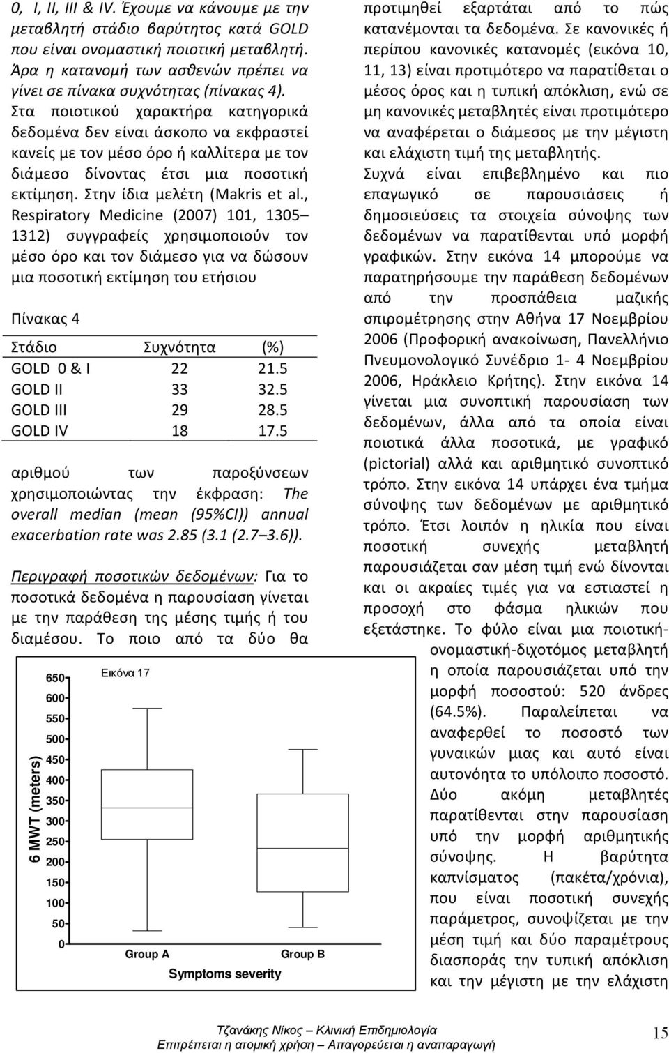 , Respiratory Medicine (2007) 101, 1305 1312) συγγραφείς χρησιμοποιούν τον μέσο όρο και τον διάμεσο για να δώσουν μια ποσοτική εκτίμηση του ετήσιου Πίνακας 4 Στάδιο Συχνότητα (%) GOLD 0 & I 22 21.