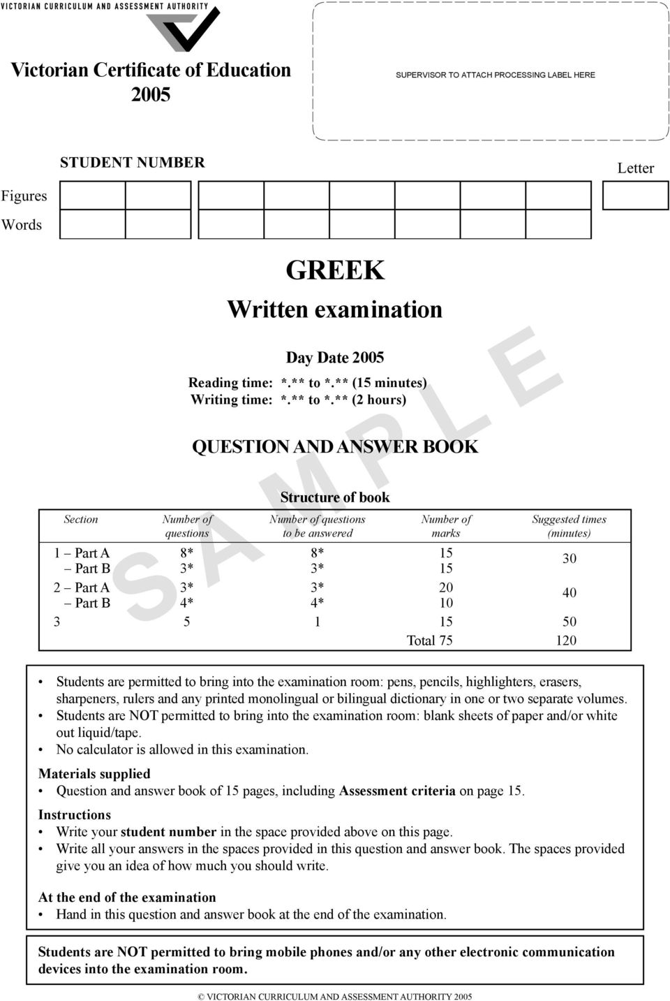 ** (2 hours) Number of questions QUESTION AND ANSWER BOOK Structure of book Number of questions to be answered Number of marks Suggested times (minutes) 1 Part A 8* 8* 15 Part B 3* 3* 15 30 2 Part A