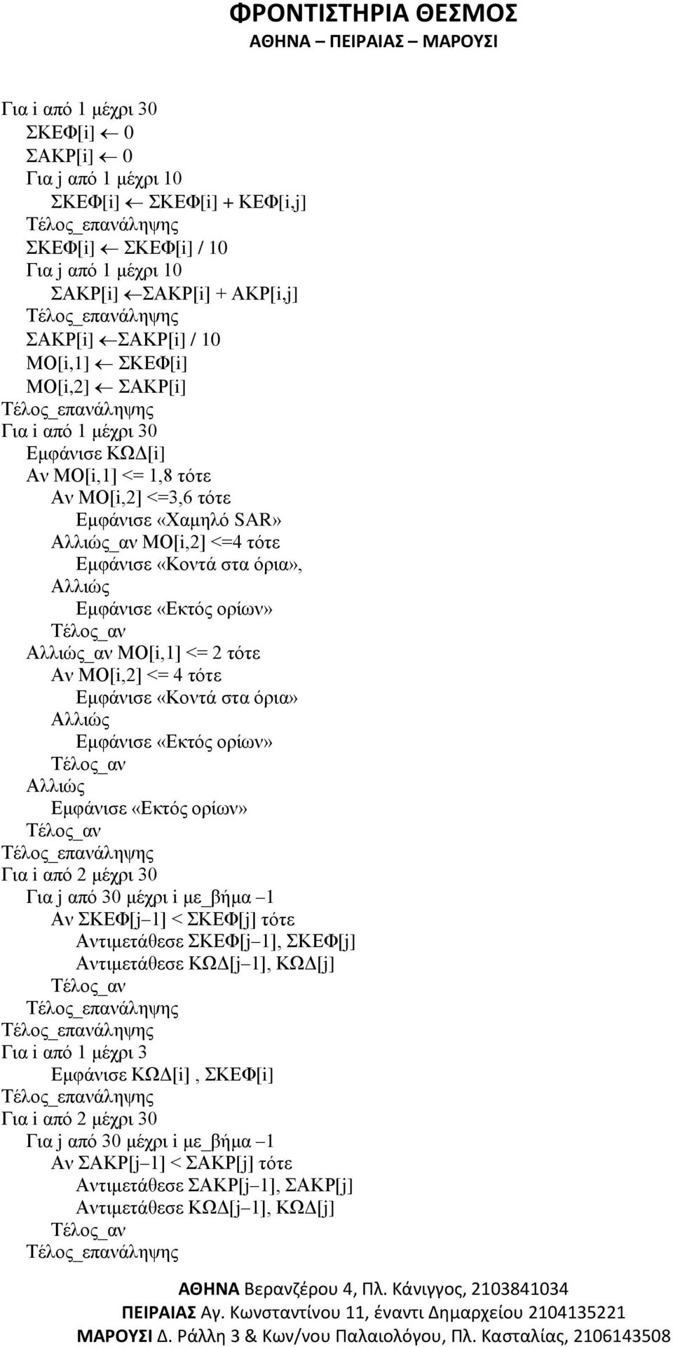 ορίων» Αλλιώς_αν ΜΟ[i,1] <= 2 τότε Αν ΜΟ[i,2] <= 4 τότε Εμφάνισε «Κοντά στα όρια» Αλλιώς Εμφάνισε «Εκτός ορίων» Αλλιώς Εμφάνισε «Εκτός ορίων» Για i από 2 μέχρι 30 Για j από 30 μέχρι i με_βήμα 1 Αν