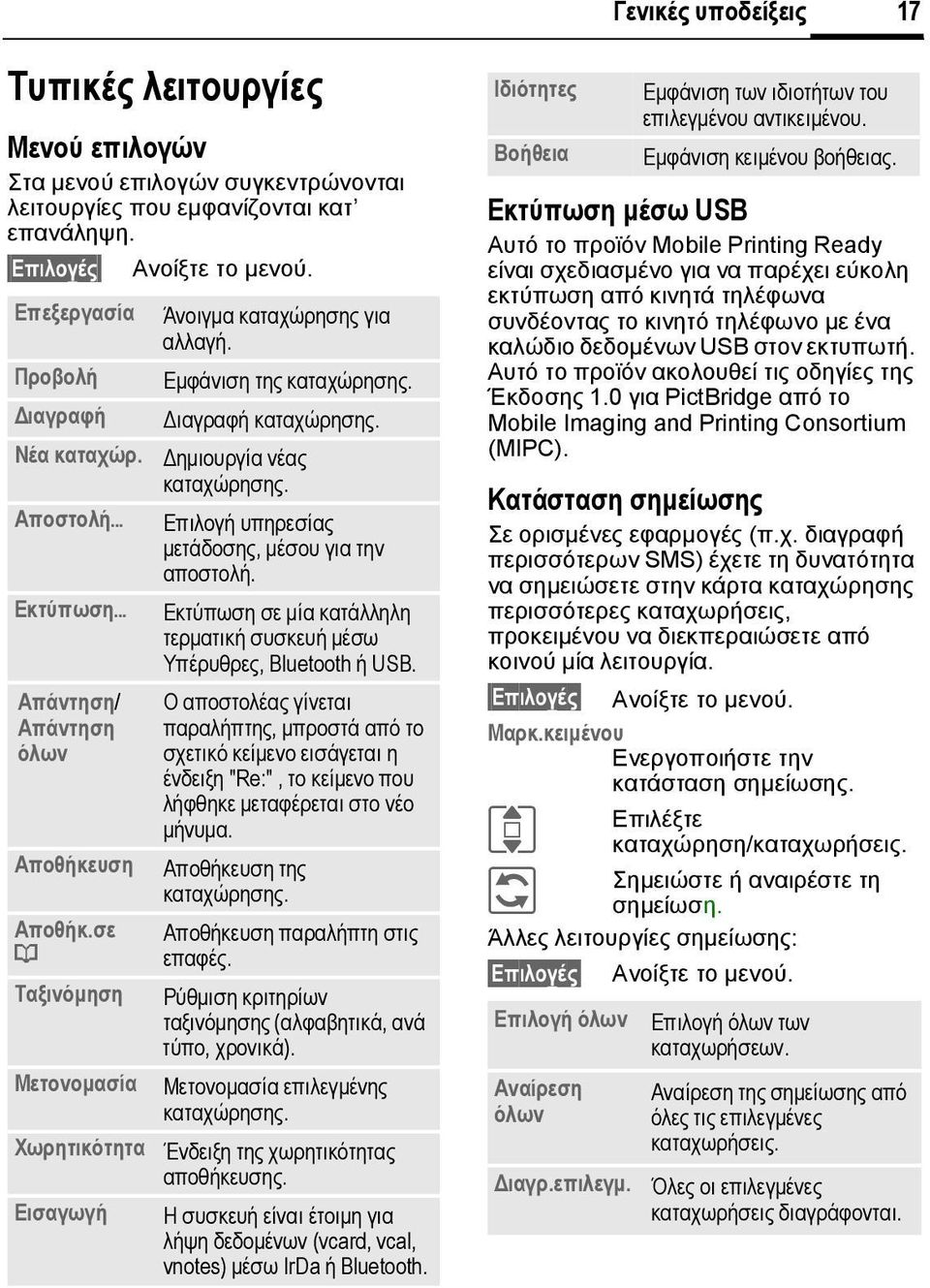 ιαγραφή καταχώρησης. ηµιουργία νέας καταχώρησης. Επιλογή υπηρεσίας µετάδοσης, µέσου για την αποστολή. Εκτύπωση σε µία κατάλληλη τερµατική συσκευή µέσω Υπέρυθρες, Bluetooth ή USB.