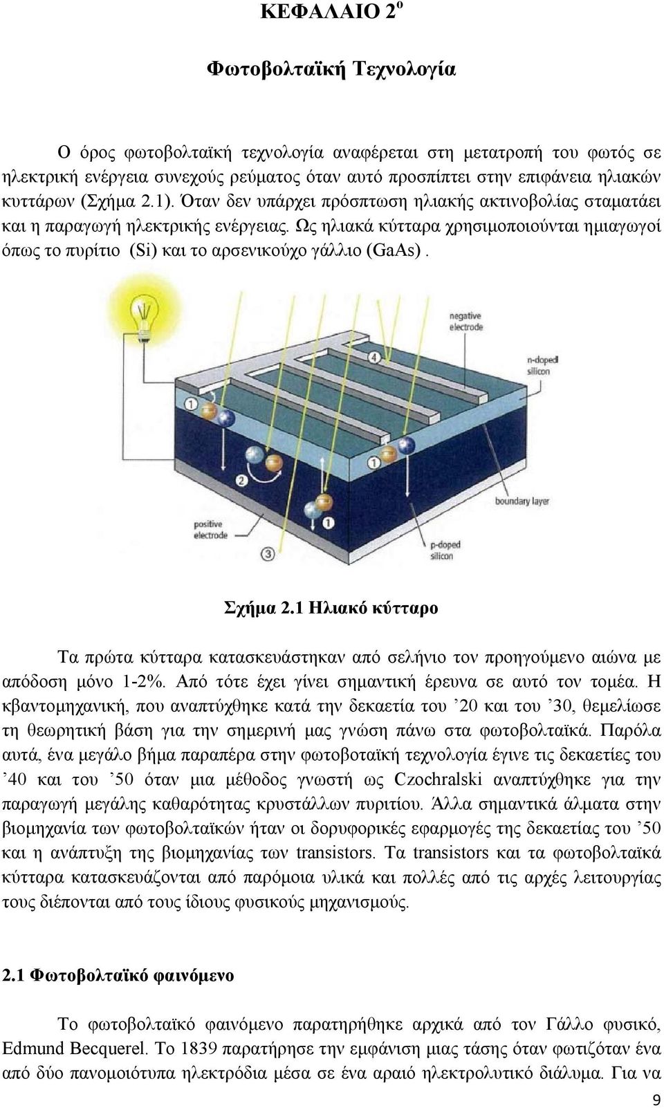 Ως ηλιακά κύτταρα χρησιμοποιούνται ημιαγωγοί όπως το πυρίτιο (Si) και το αρσενικούχο γάλλιο (GaAs). Σχήμα 2.